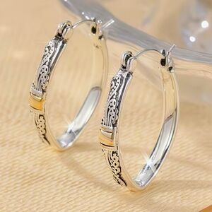 Silver and Gold V Shape Carved Out Hoop Earrings